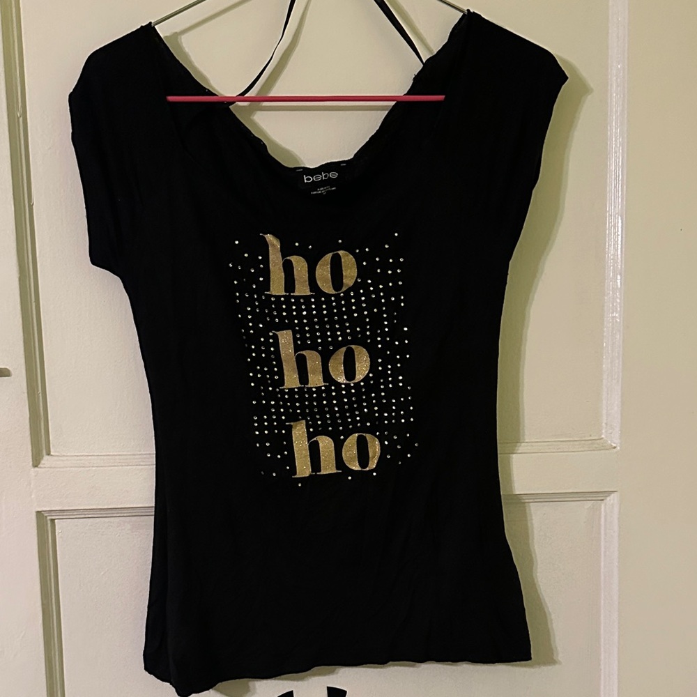 bebe Black Short-Sleeve Tee with Gold Glitter 'ho ho ho'